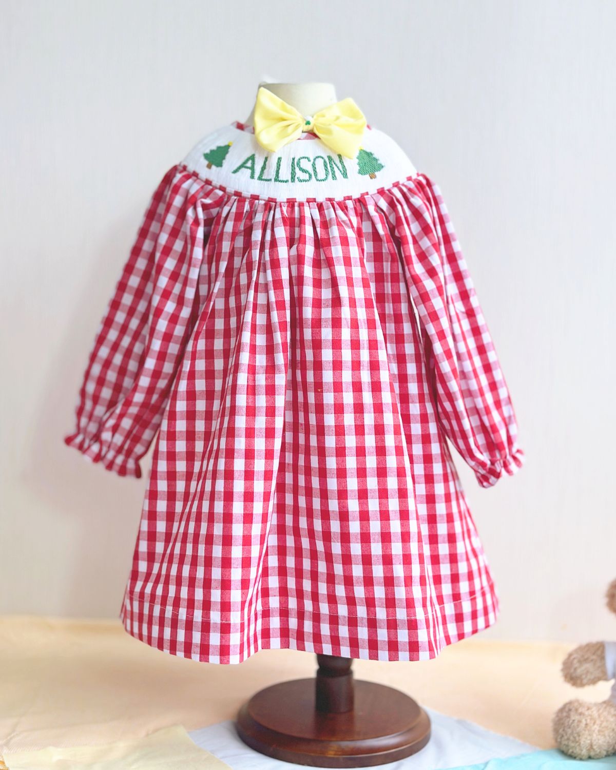 Christmas pine tree smocked bishop dress in red gingham