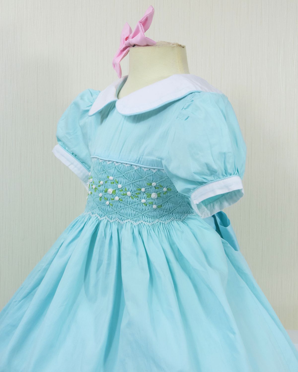 Jade color geometric smocked dress