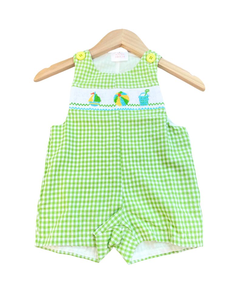 Beech boy smocked romper in green gingham