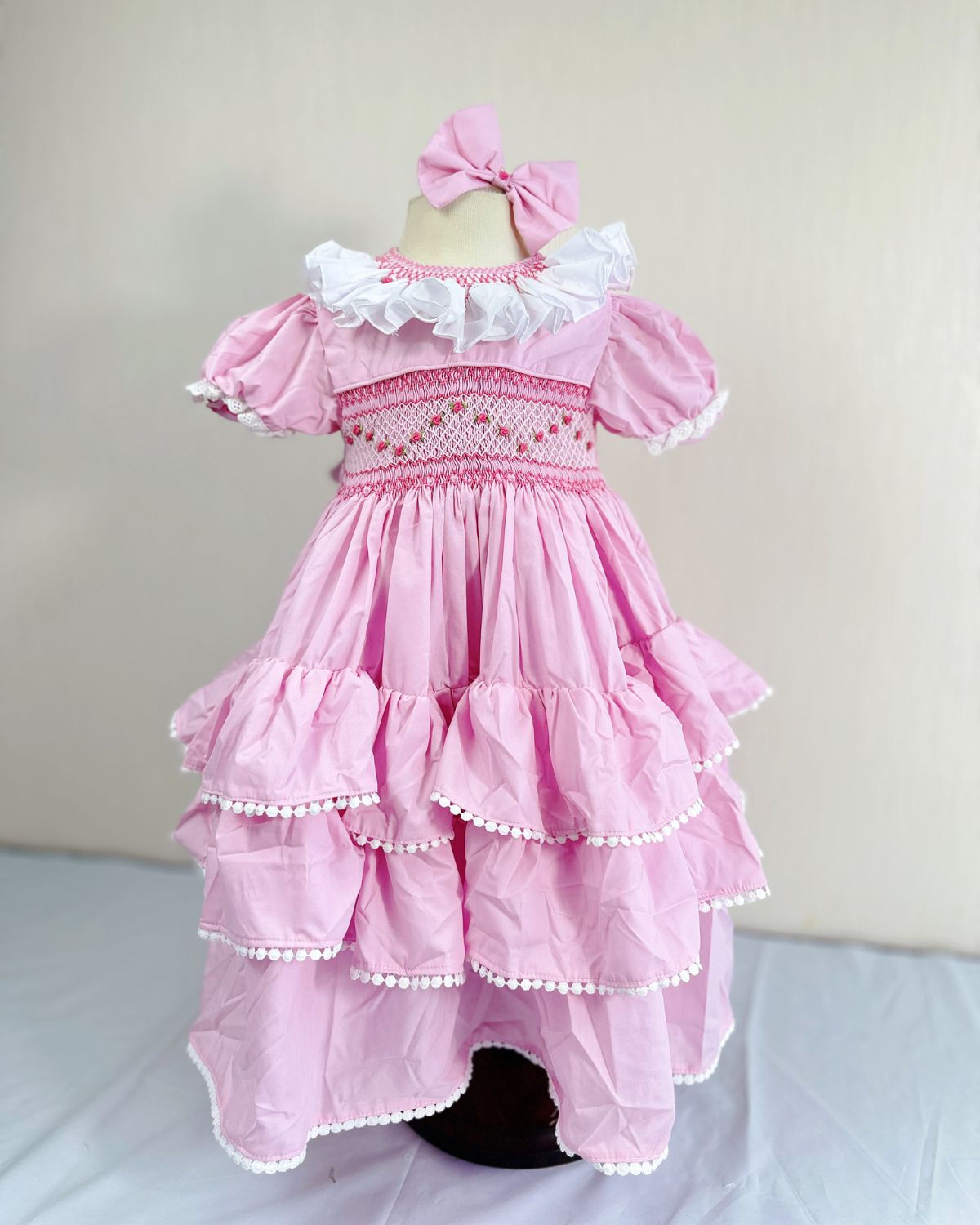 Multi-layered ruffled geometric smocked dress