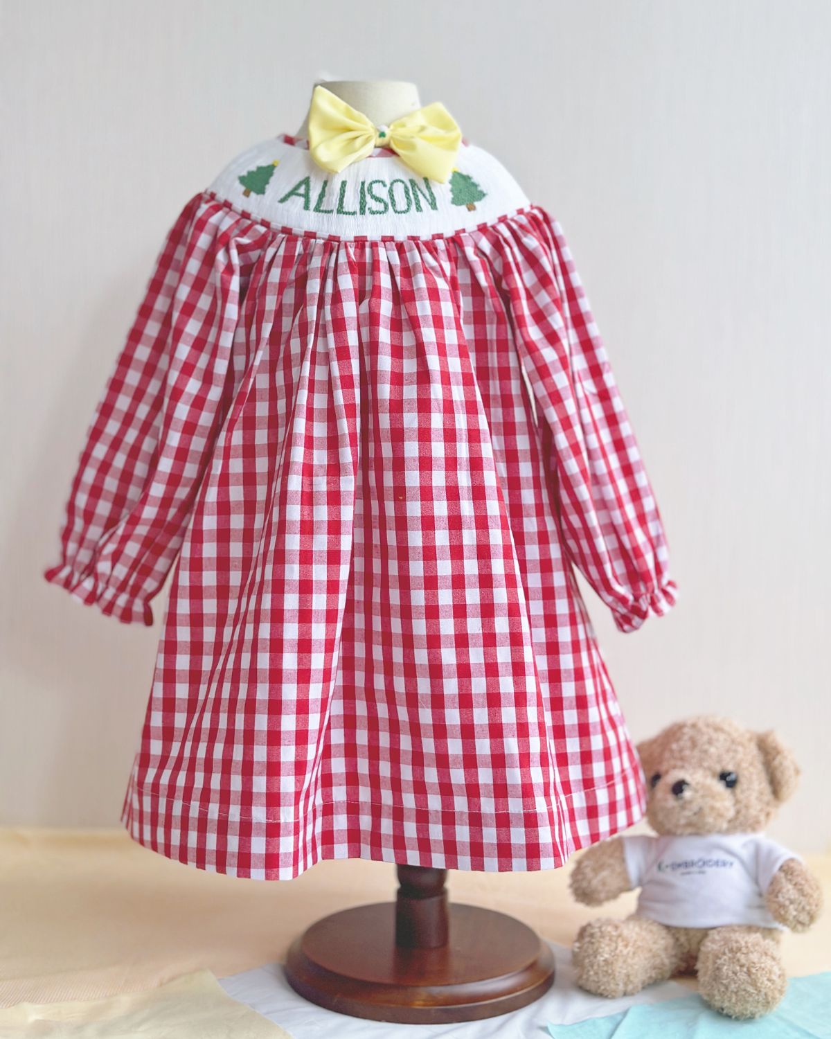 Christmas pine tree smocked bishop dress in red gingham