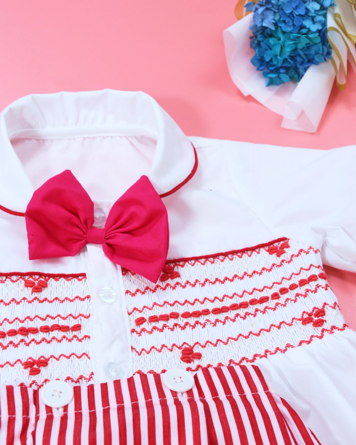 Red Geometric smocked outfits for baby girls