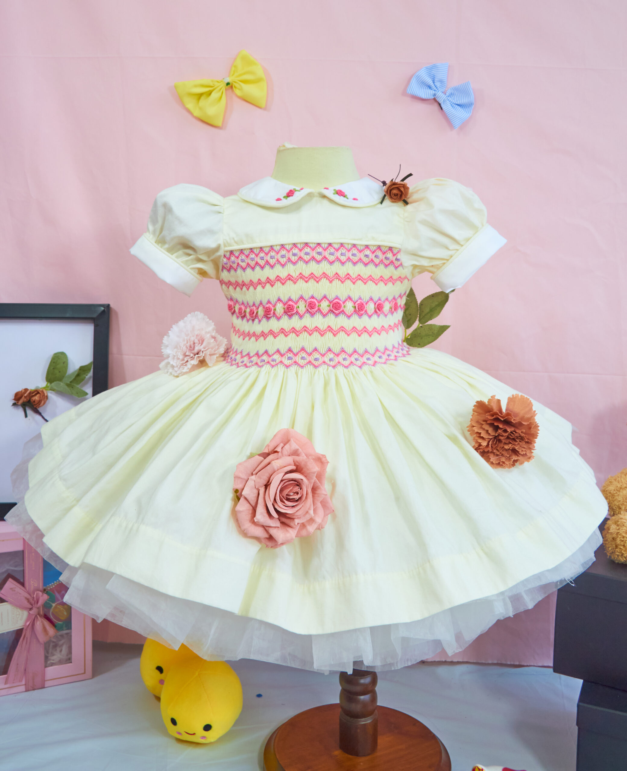 Beige smocked geometric dress