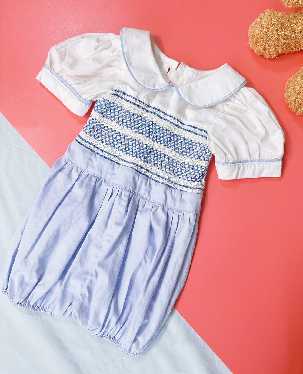 Geometric smocked boy rompers shortsleeves