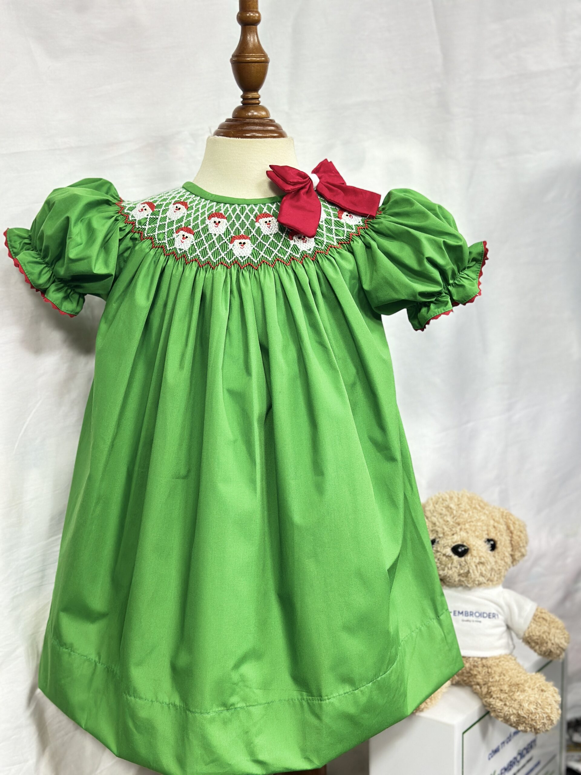Christmas Hand Smocked Bishop Baby Girl Dress with Santa Embroidery
