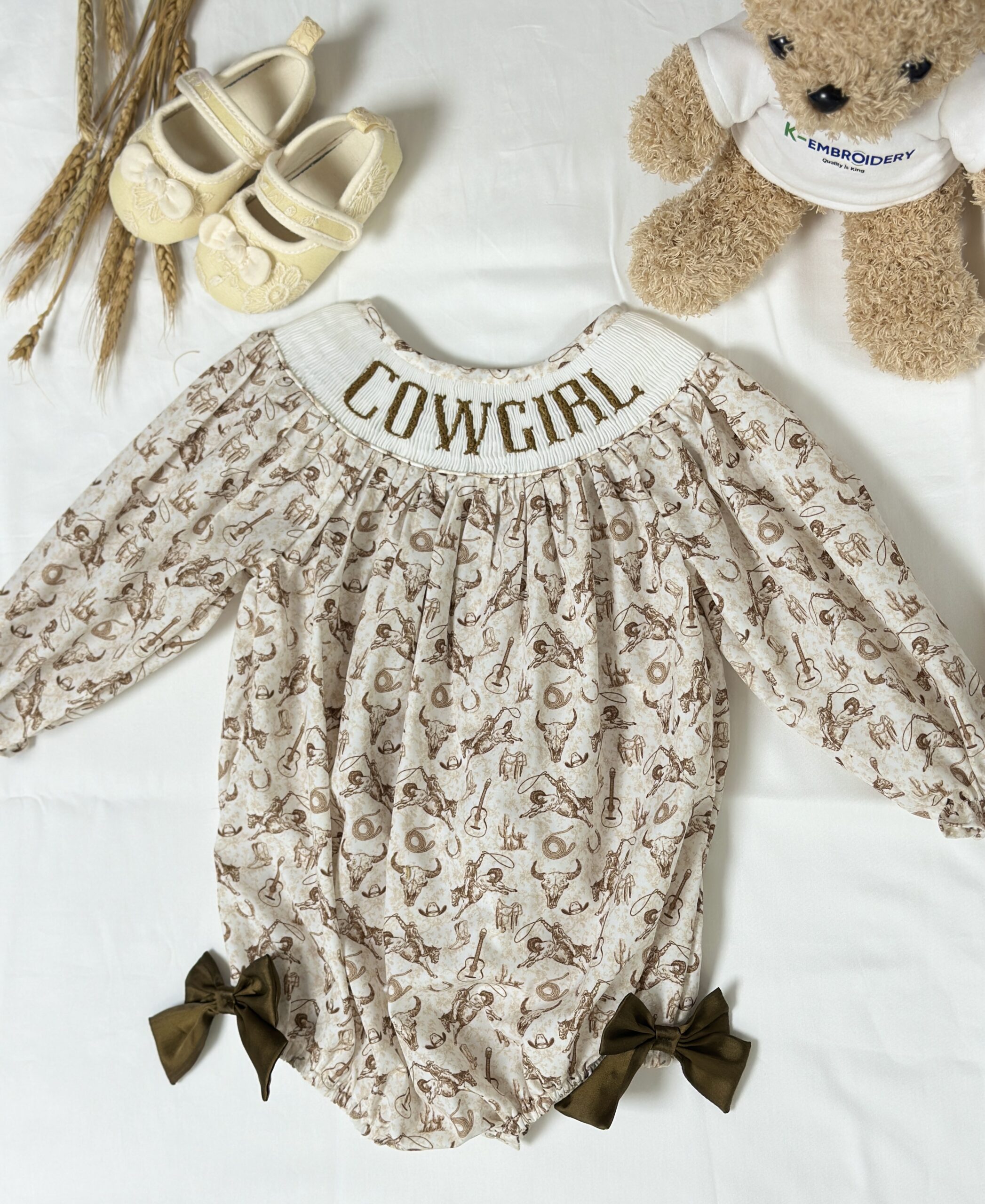 Western Cowgirl Hand Embroidered Baby Bubble Romper