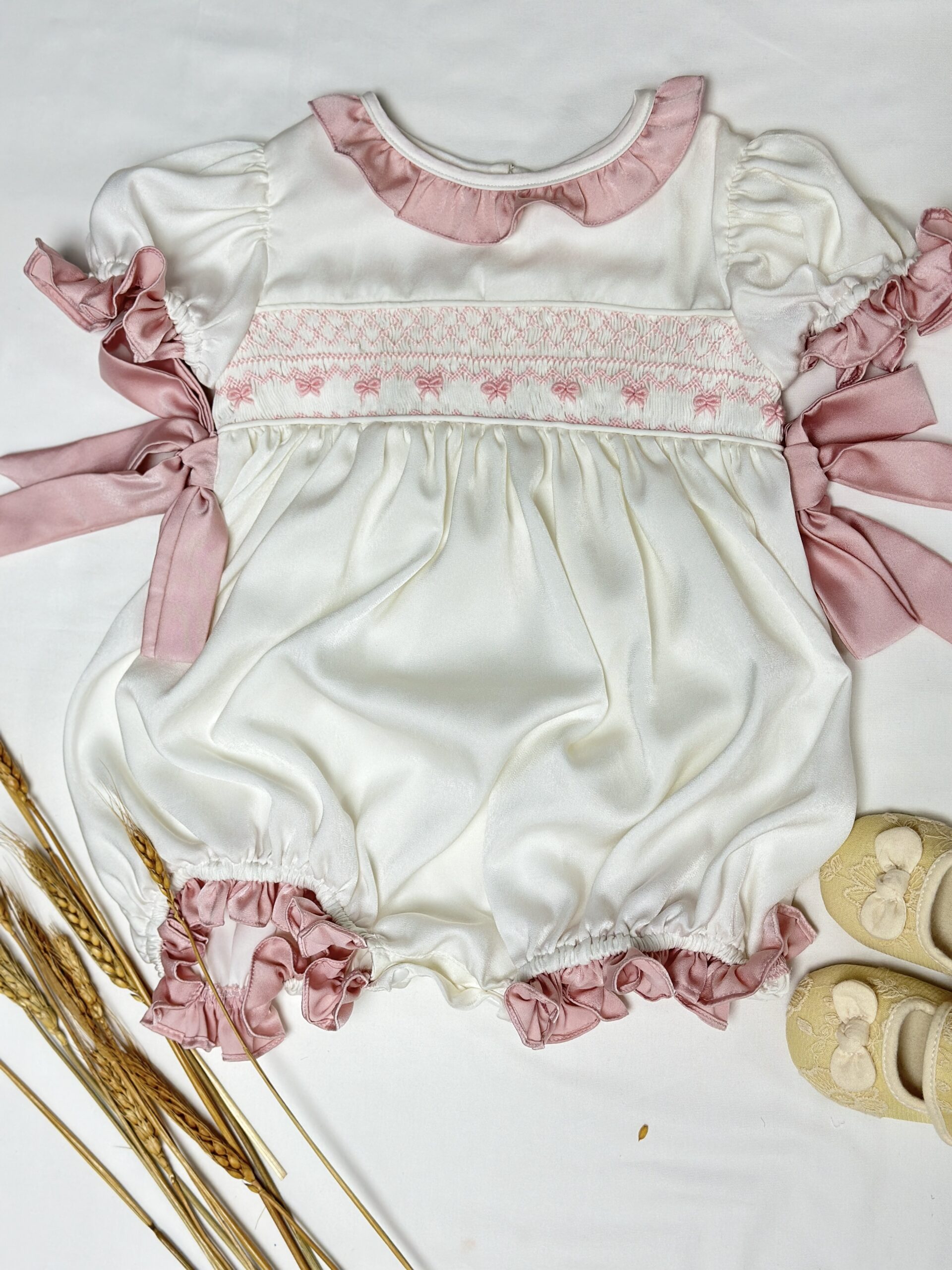 Classic Hand Smocked Baby Girl Romper with Pink Bows