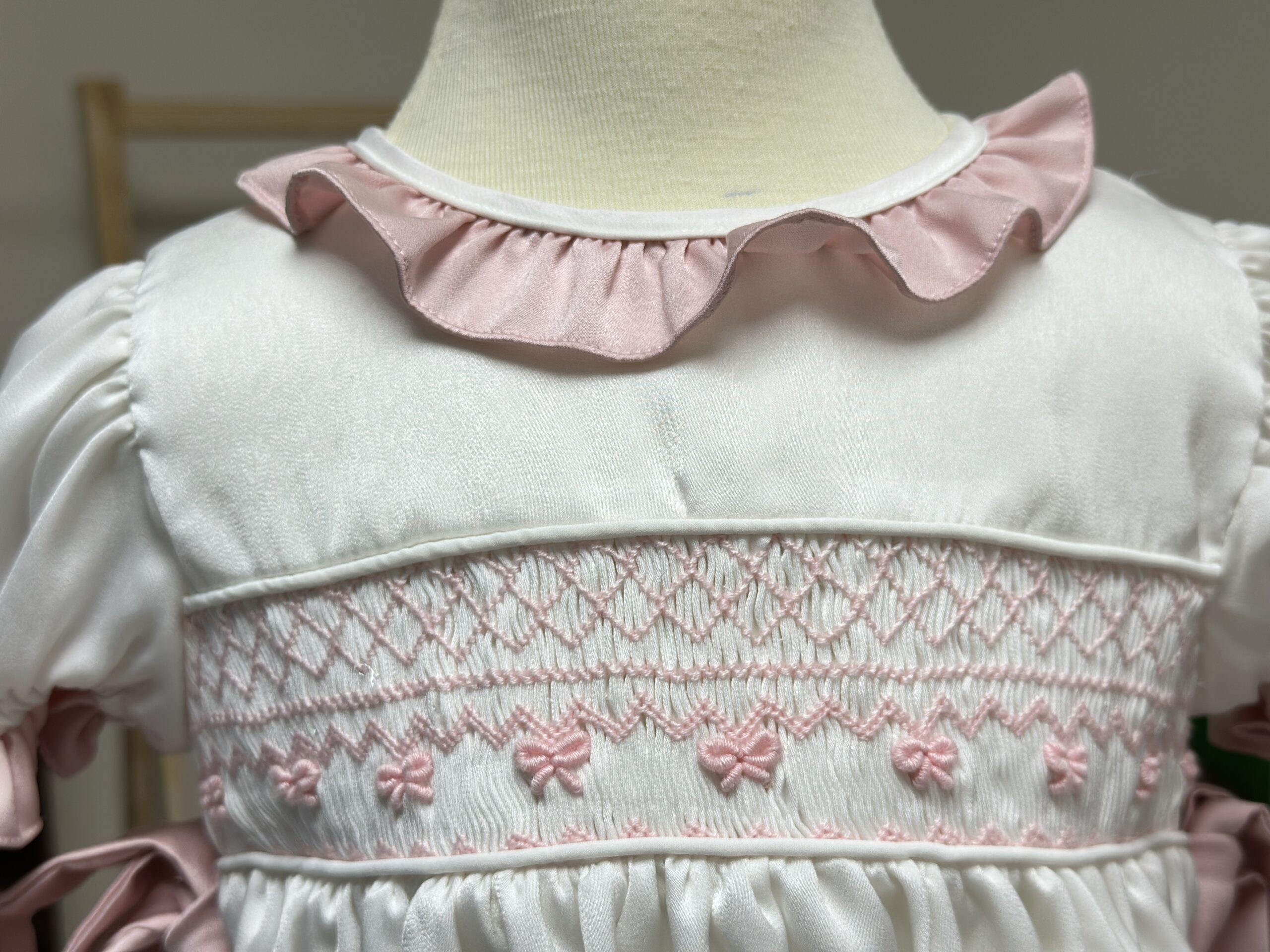 Classic Hand Smocked Baby Girl Romper with Pink Bows