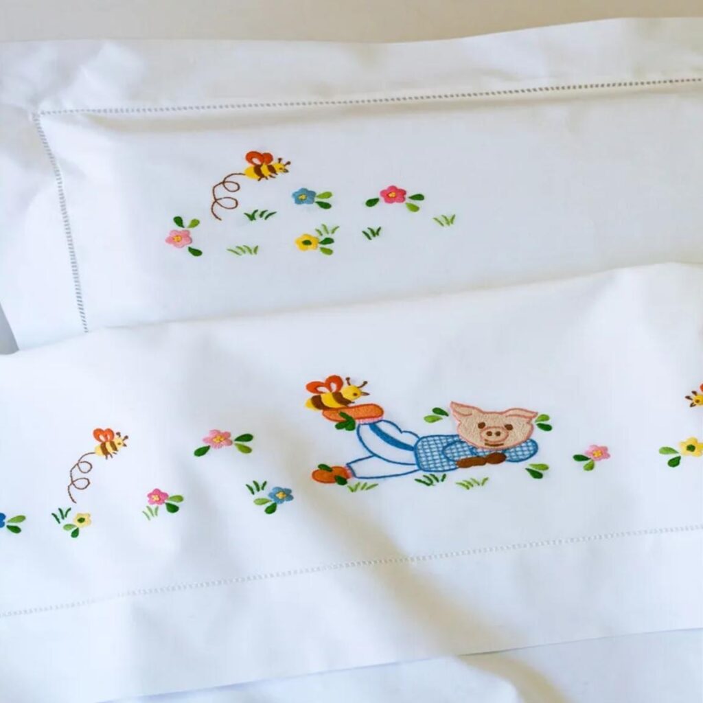 Pig & Bees hand embroidered bed sheets for kids