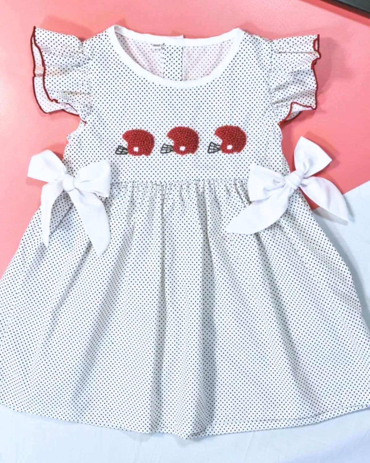 Cricket helmet French Knot embroidered girls dress