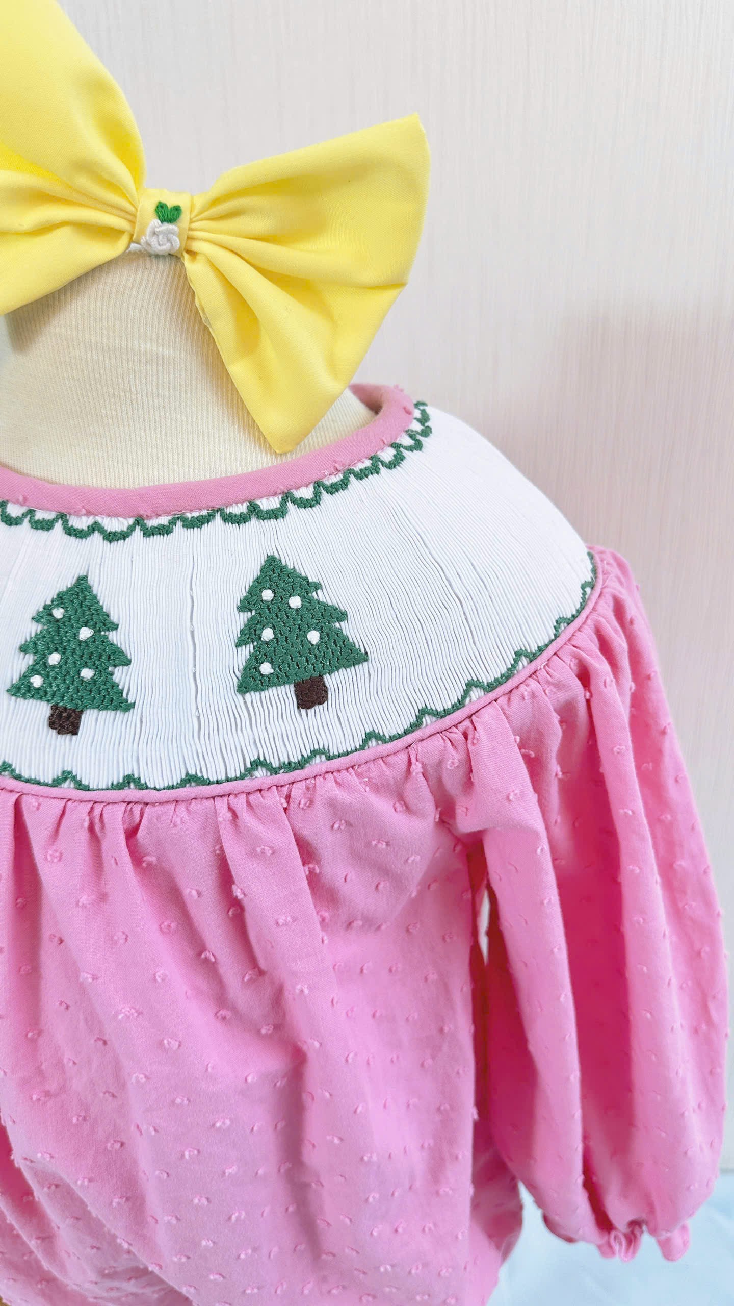 Pine tree swiss dot smocked girls longsleeve bubble