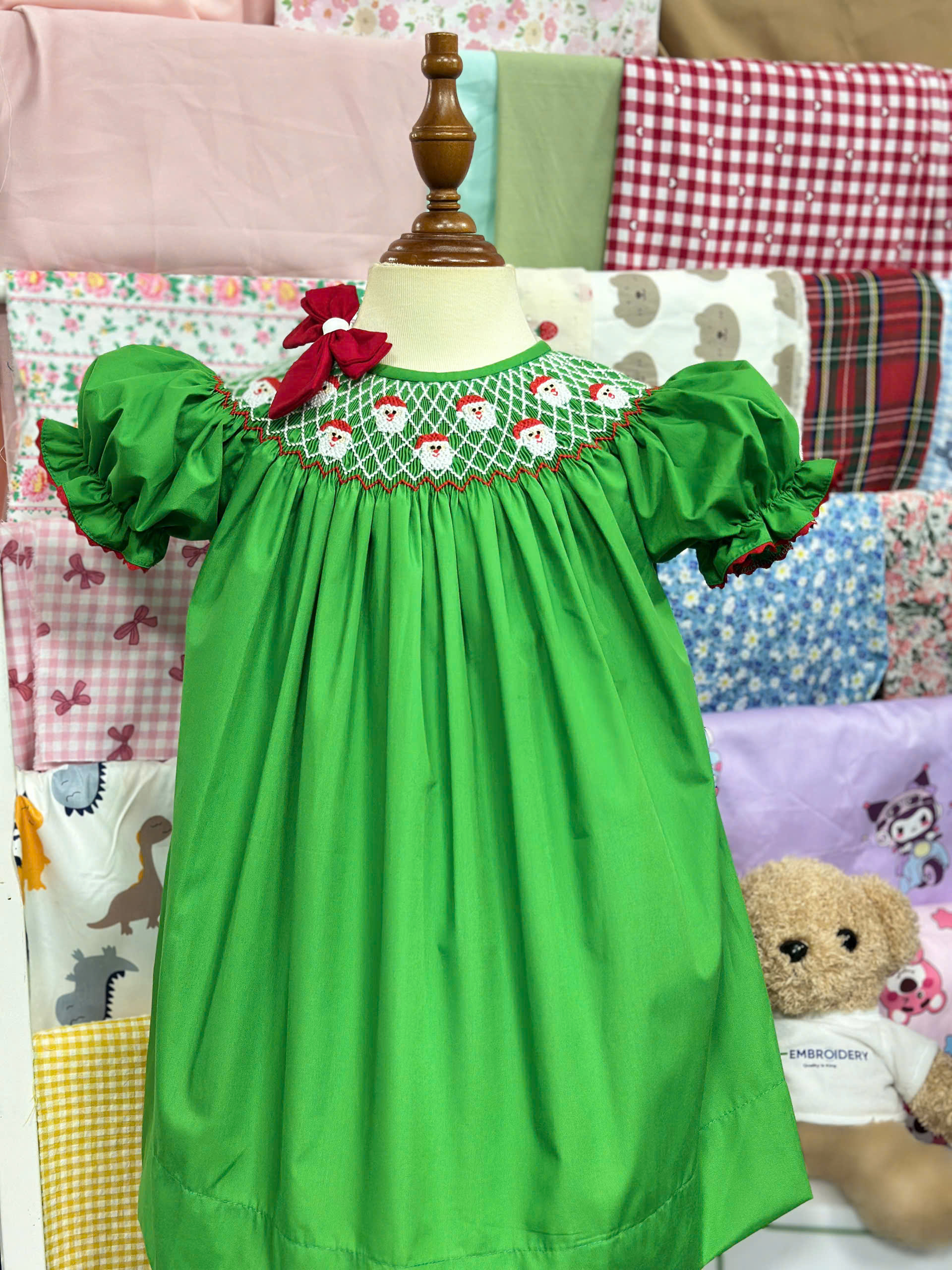 Christmas Hand Smocked Bishop Baby Girl Dress with Santa Embroidery