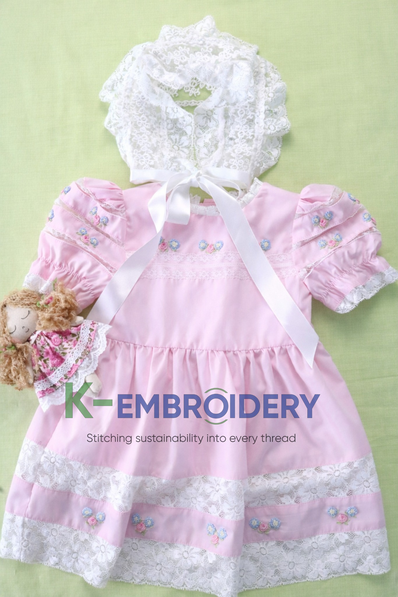 K-Embroidery Vintage Pink Baby Girl Dress with Lace & Floral Hand Embroidery