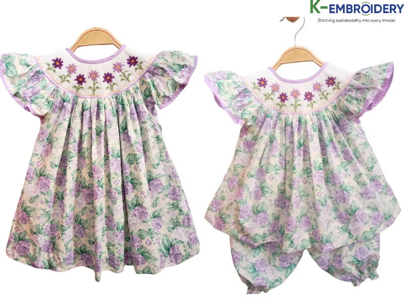 9 Ideas Adorable Smocked Sibling Outfits for Every Occasion 5 Smocked Bishop Dress Purple Flower + Smoked Two Pieces Set Purple Flowers