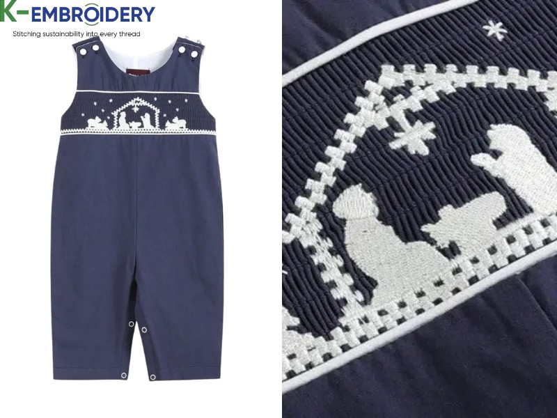 Smocked Romper Dark Blue Nativity