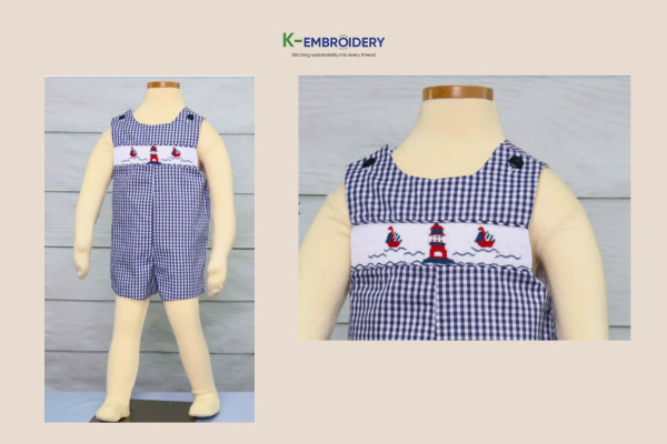 Wholesale Infant 4th of July Outfits: Best Smocked Designs for Your Store 5 Blue gingham 4th of July smocked romper for baby boys with stripes stars edition