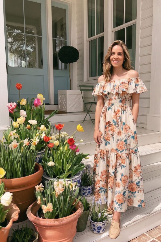 Rustic Cottagecore Off-Shoulder Dress