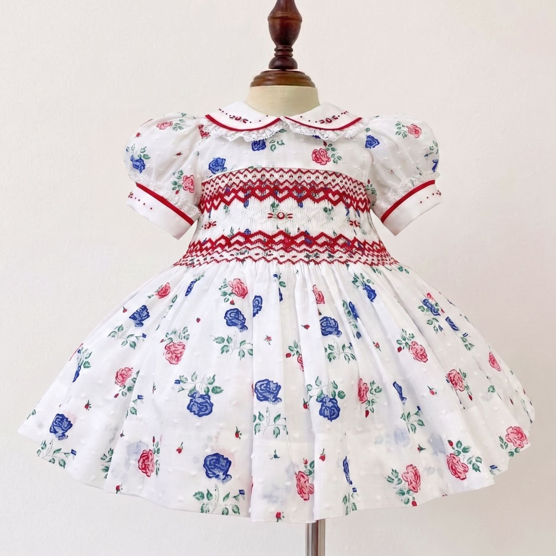 Red and Blue Rose Smocked Dress