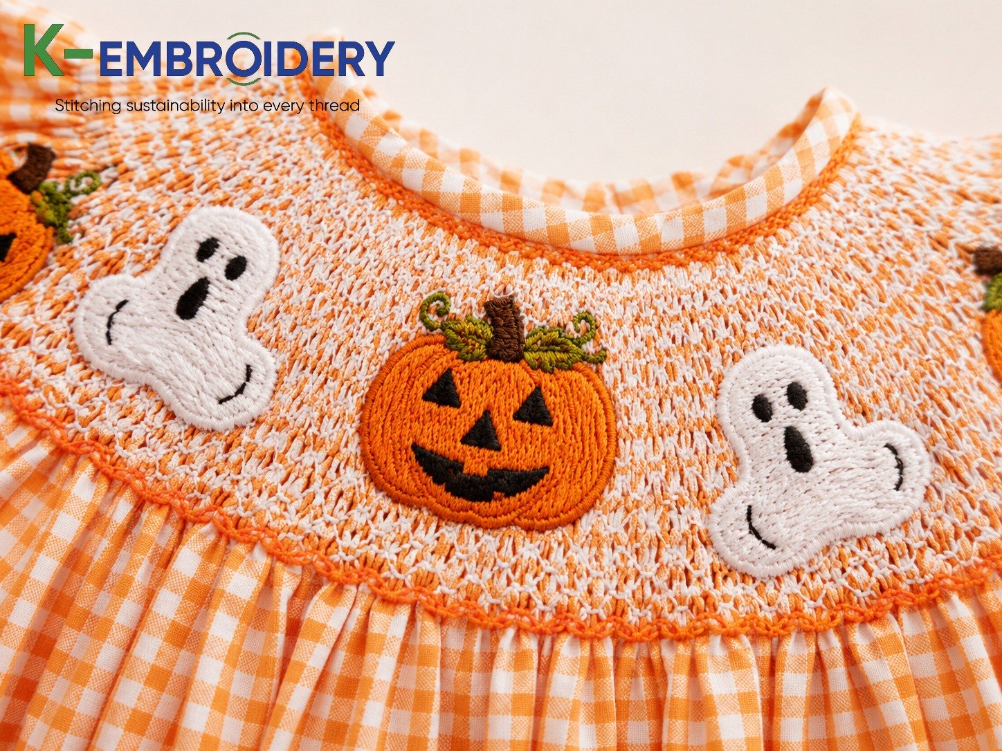 Smocked Halloween Dress: Styles, Sizes & Where to Buy in 2026 1 Close-up of hand-smocked Halloween dress bodice — pumpkin and ghost embroidery on orange gingham by K-Embroidery