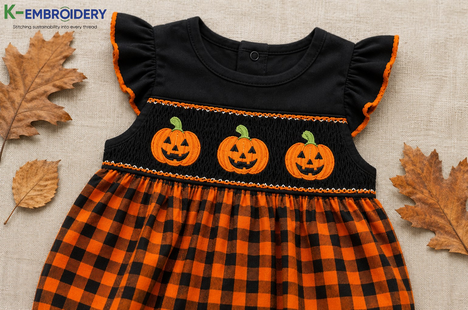 Infant Halloween Outfits: Best Styles, Fabrics & Where to Buy in 2026 5 Hand-smocked pumpkin Halloween bubble outfit for infant — 100% cotton with detailed embroidery on smocking panel