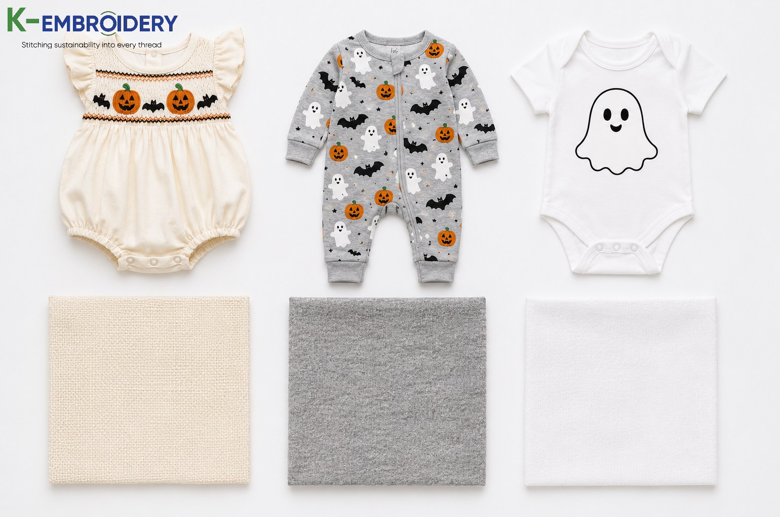 Infant Halloween Outfits: Best Styles, Fabrics & Where to Buy in 2026 8 Infant Halloween outfit fabric comparison — woven cotton smocked piece, bamboo knit pajama, and cotton jersey onesie showing texture differences