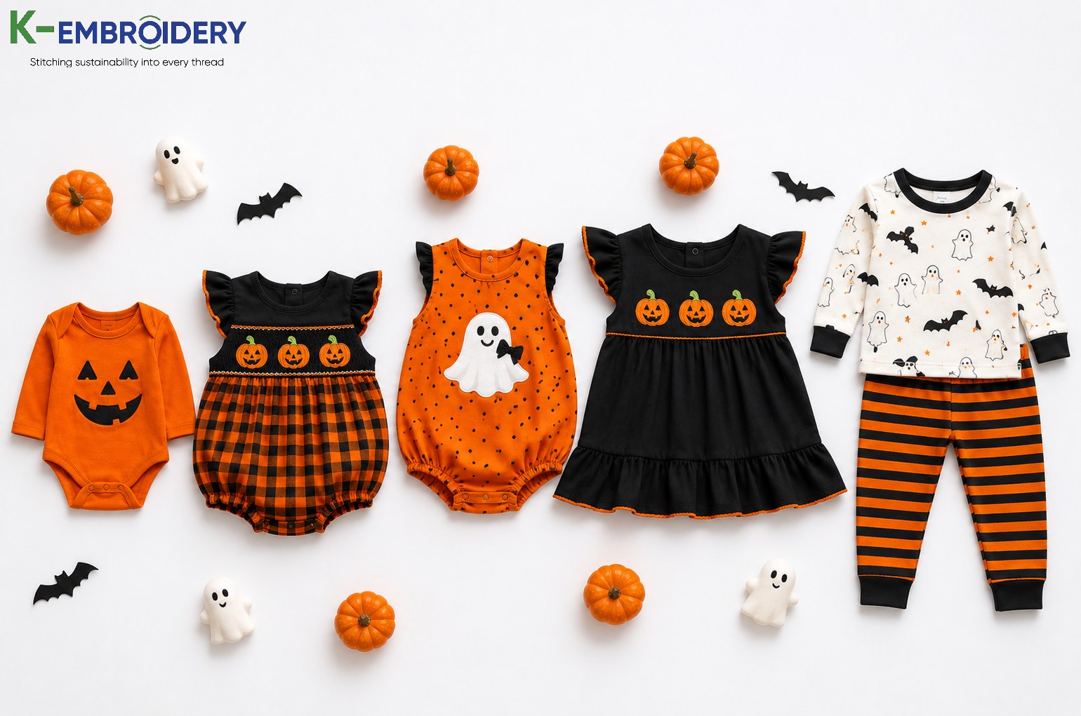 Infant Halloween Outfits: Best Styles, Fabrics & Where to Buy in 2026 10 2026 infant Halloween outfit styles flat lay — orange onesie, smocked pumpkin bubble, ghost romper, smocked ruffle dress, bat ghost pajama set