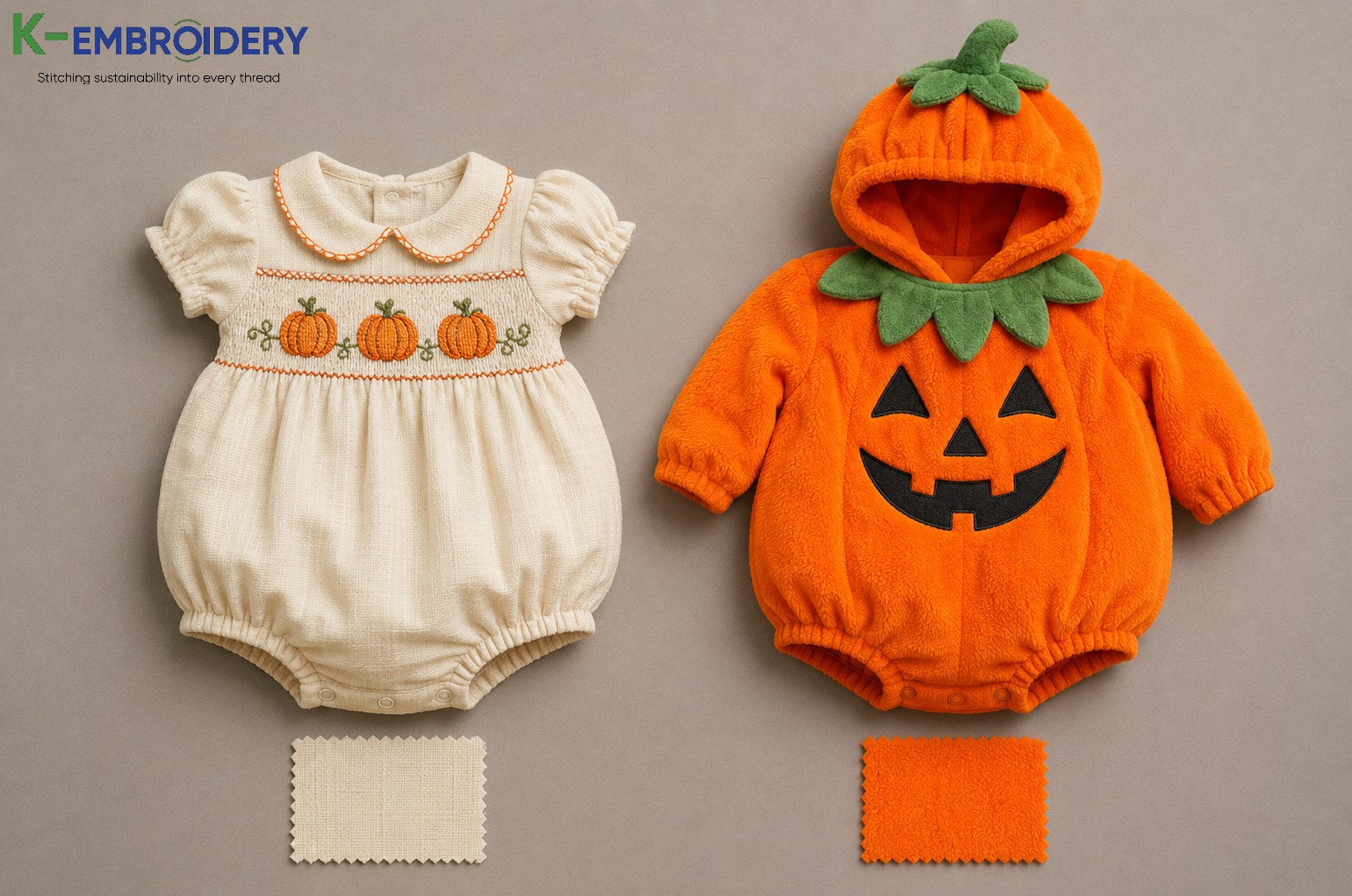 Infant Halloween Outfits: Best Styles, Fabrics & Where to Buy in 2026 2 Infant Halloween outfit vs Halloween costume — breathable woven cotton smocked romper beside polyester character pumpkin suit showing key difference