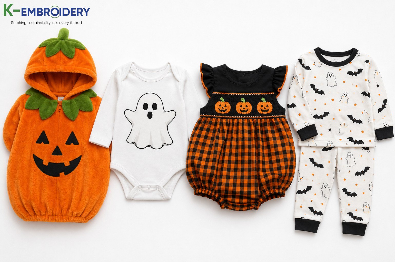 Infant Halloween Outfits: Best Styles, Fabrics & Where to Buy in 2026 1 Four types of infant halloween outfits flat lay — plush pumpkin bunting, ghost onesie, smocked bubble, Halloween pajama set
