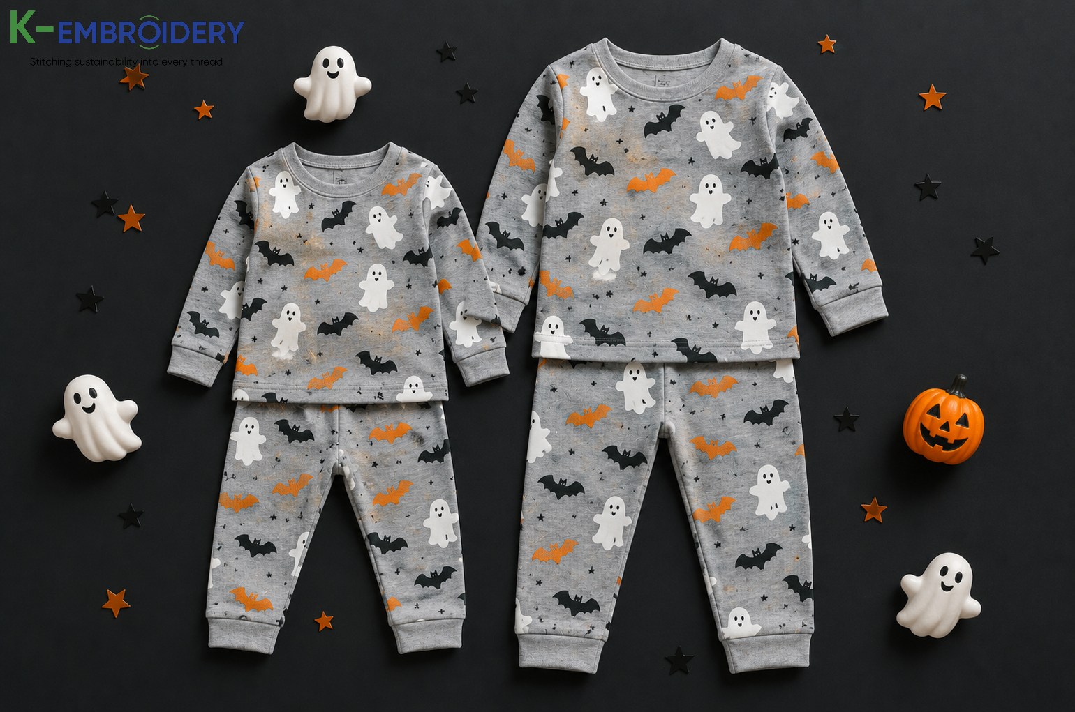 Infant Halloween Outfits: Best Styles, Fabrics & Where to Buy in 2026 7 Infant Halloween pajama set with bat and ghost all-over print — two-piece cotton knit sleepwear, part of family matching Halloween collection