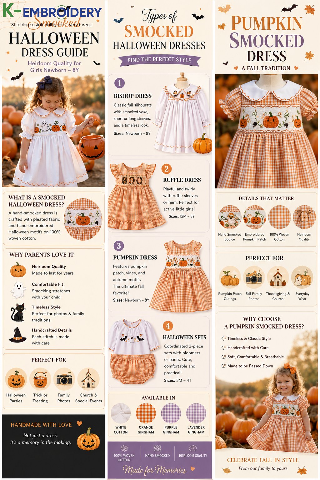 Smocked Halloween Dress: Styles, Sizes & Where to Buy in 2026 8 Smocked Halloween dress guide infographic — styles, sizing Newborn to 8Y, fabric options