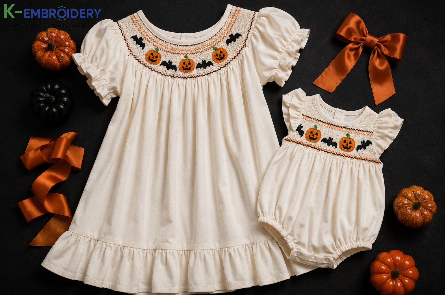 Infant Halloween Outfits: Best Styles, Fabrics & Where to Buy in 2026 14 Sibling or mother-daughter matching Halloween smocked outfits — adult bishop dress and infant bubble romper in cream cotton with pumpkin bat embroidery