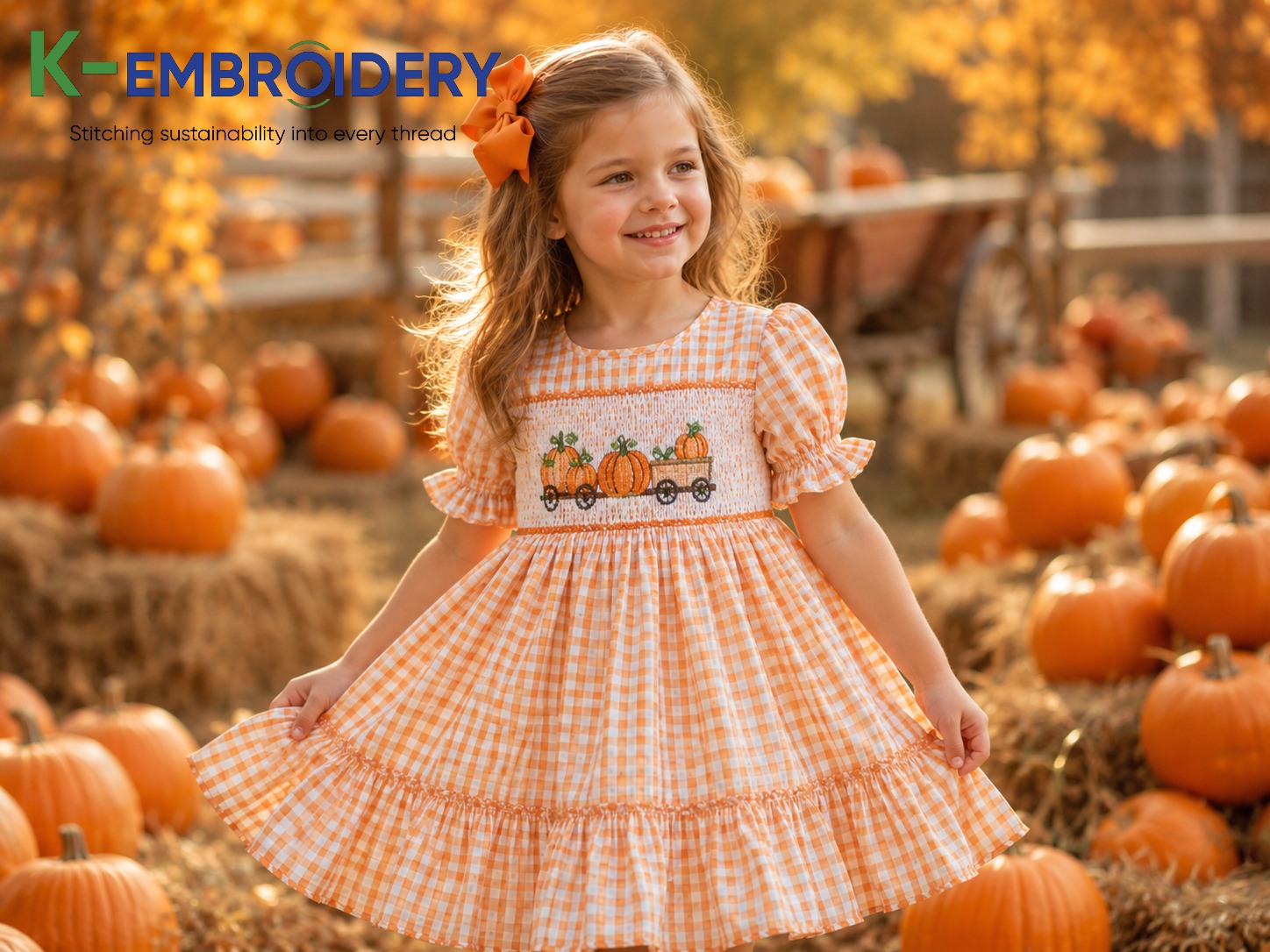 Smocked Halloween Dress: Styles, Sizes & Where to Buy in 2026 5 Pumpkin smocked Halloween dress — orange gingham with embroidered pumpkin cart motif