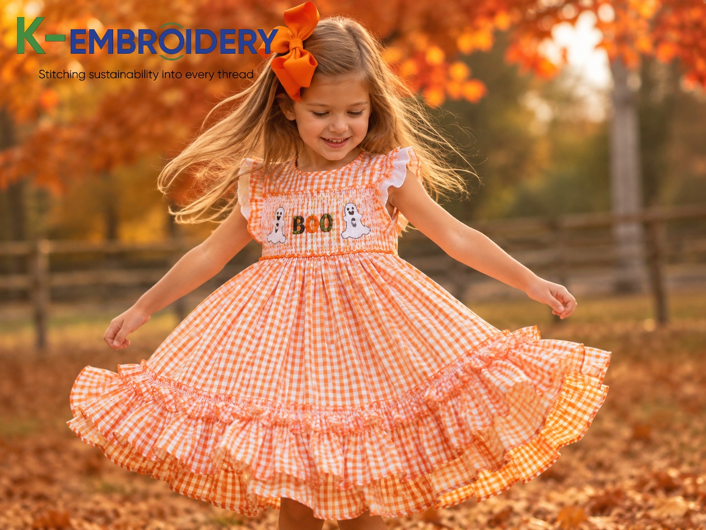 Smocked Halloween Dress: Styles, Sizes & Where to Buy in 2026 4 Baby girl in ruffle smocked Halloween dress — orange gingham with BOO ghost embroidery