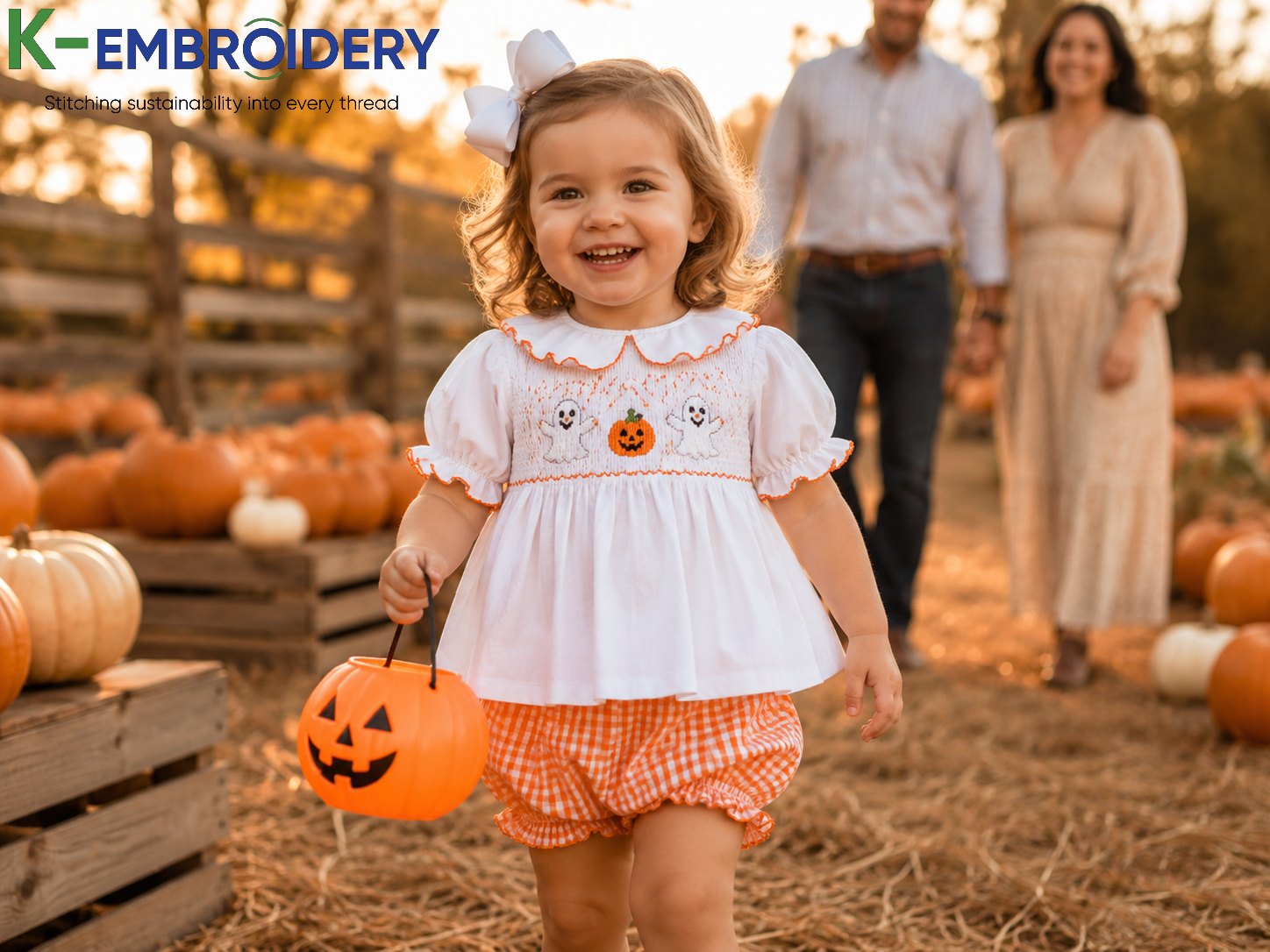Smocked Halloween Dress: Styles, Sizes & Where to Buy in 2026 6 Baby girl in smocked Halloween 2-piece set — white cotton top with ghost and pumpkin embroidery, orange gingham bloomers