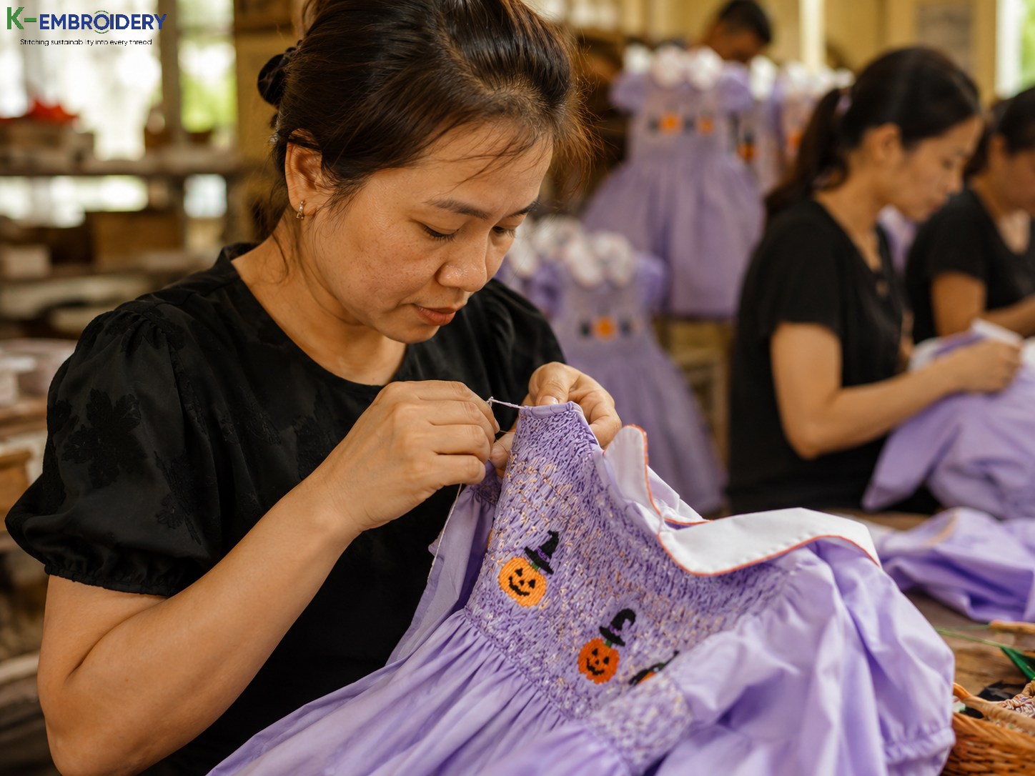 Smocked Halloween Dress: Styles, Sizes & Where to Buy in 2026 10 K-Embroidery artisan hand-smocking a lavender Halloween dress with pumpkin embroidery at the factory in Vietnam
