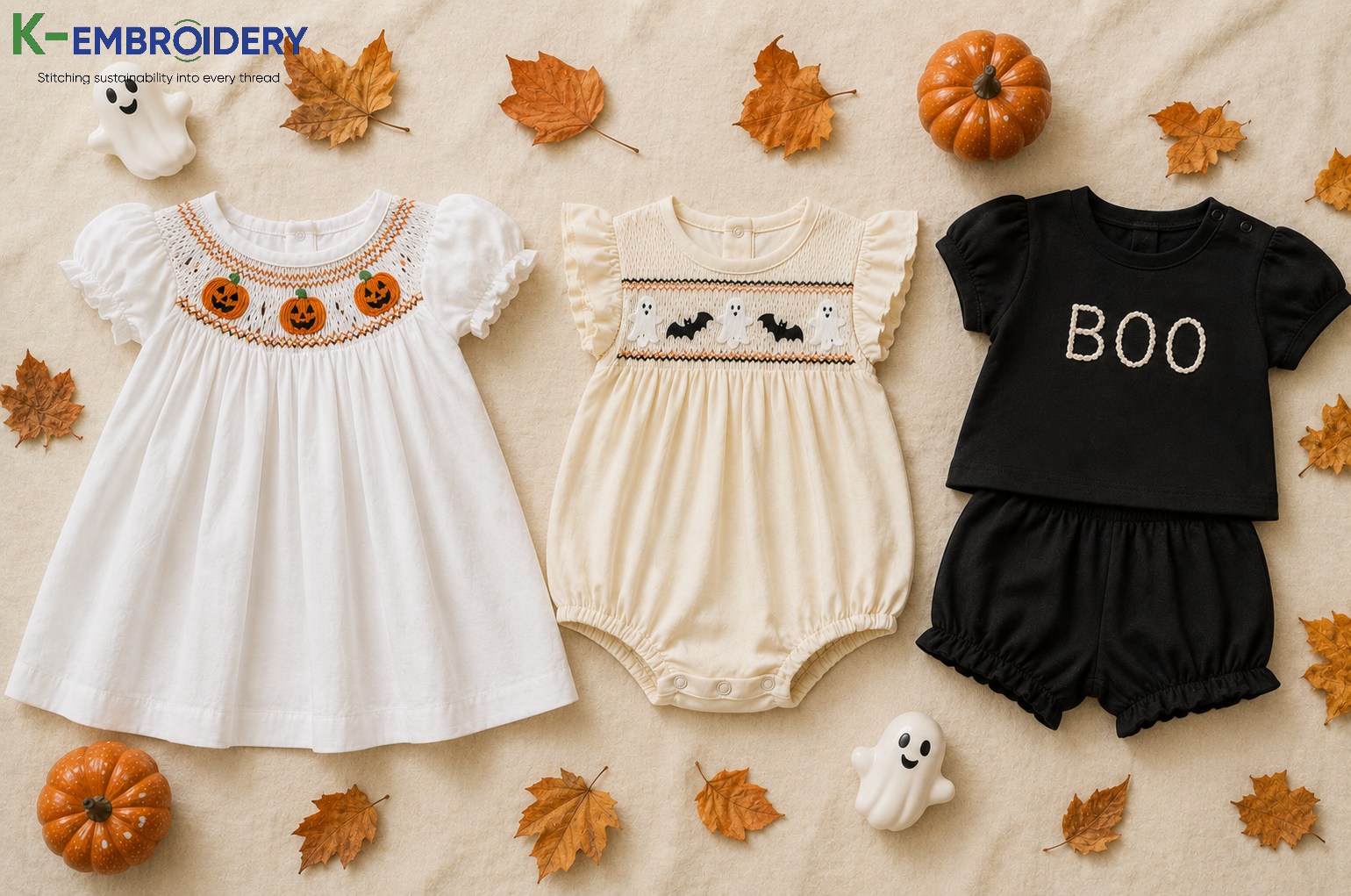 Infant Halloween Outfits: Best Styles, Fabrics & Where to Buy in 2026 6 Smocked Halloween infant outfit styles — bishop dress, bubble romper, and 2-piece set in 100% cotton with pumpkin and ghost hand embroidery
