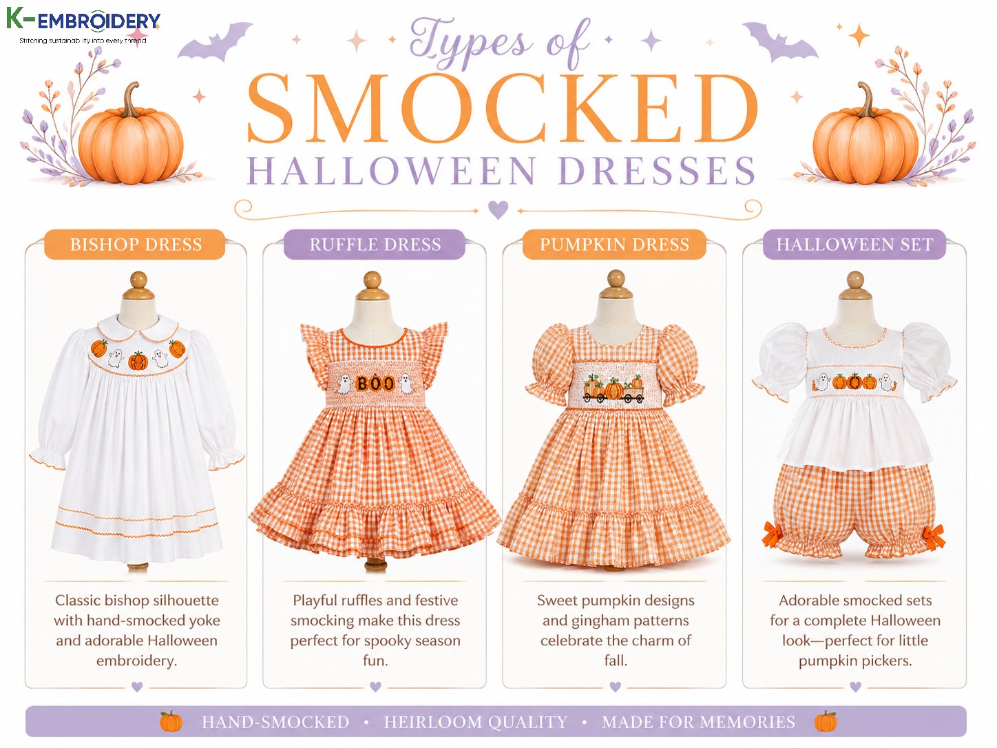 Smocked Halloween Dress: Styles, Sizes & Where to Buy in 2026 2 Types of smocked Halloween dresses — bishop, ruffle, pumpkin, and Halloween set