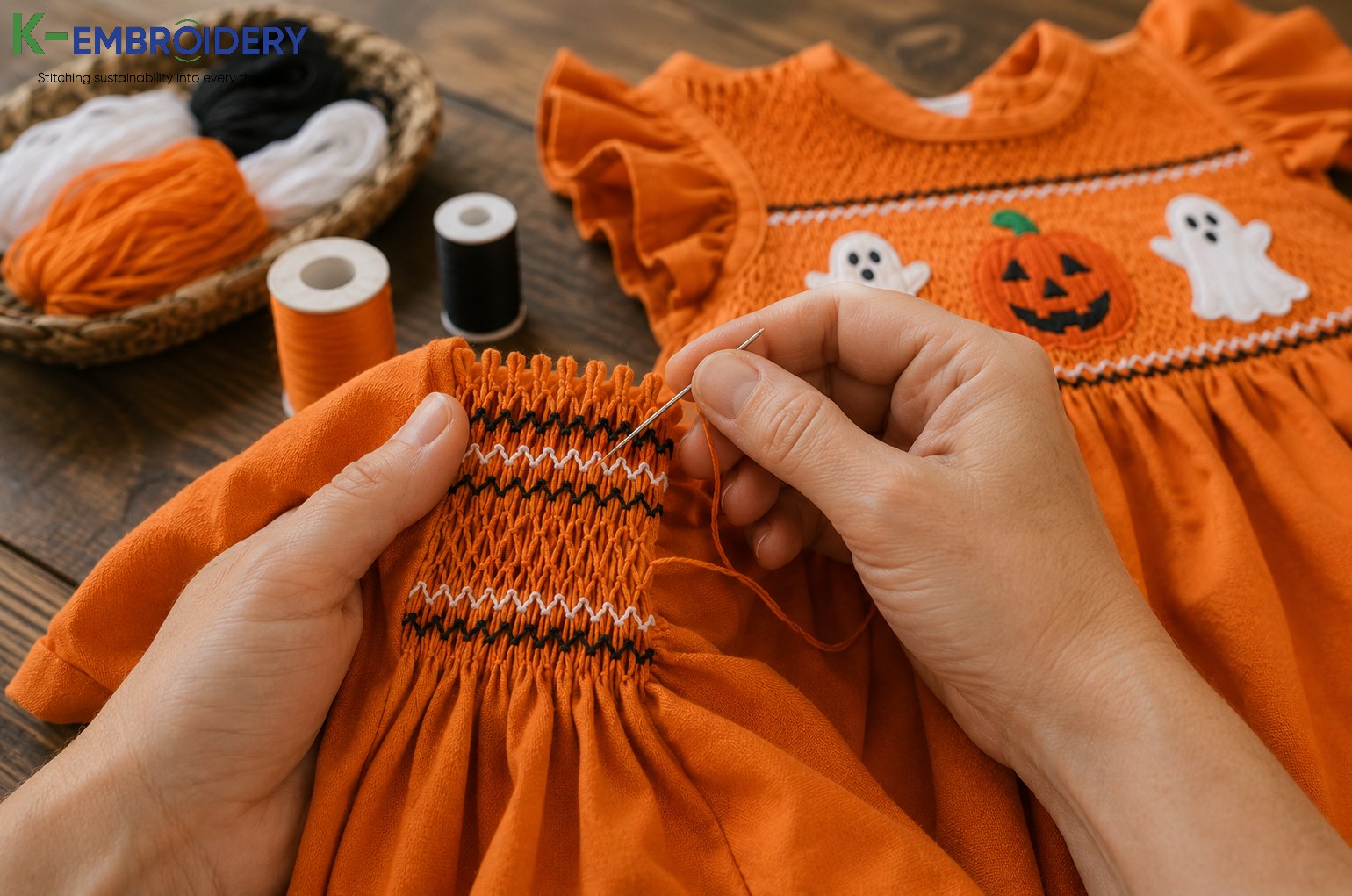 Infant Halloween Outfits: Best Styles, Fabrics & Where to Buy in 2026 13 Artisan hands hand-smocking orange Halloween infant dress — geometric smocking technique on 100% cotton fabric with embroidery thread