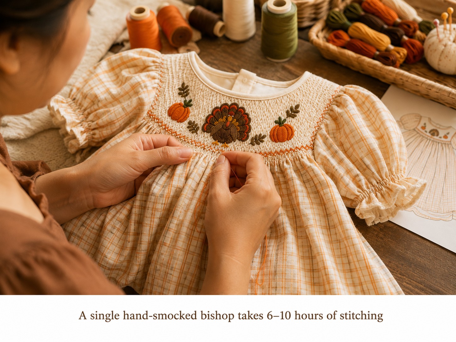 Infant Thanksgiving Dresses: Guide for Baby's First Holiday Season 12 Artisan hand-smocking a Thanksgiving dress