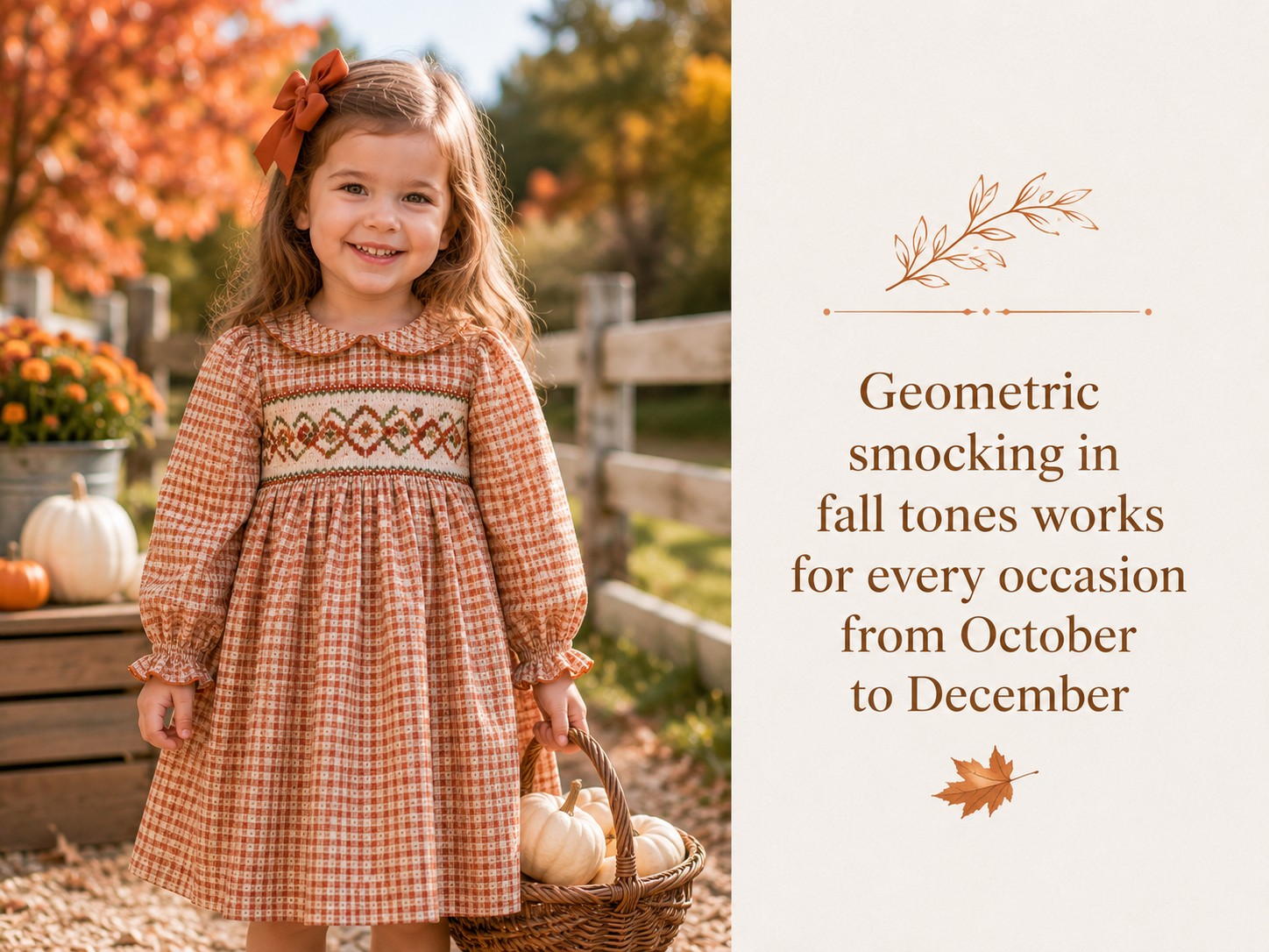 Thanksgiving Smocked Dress: Turkey, Pumpkin & Bishop Style Guide 6 Geometric smocked dress in rust autumn tones