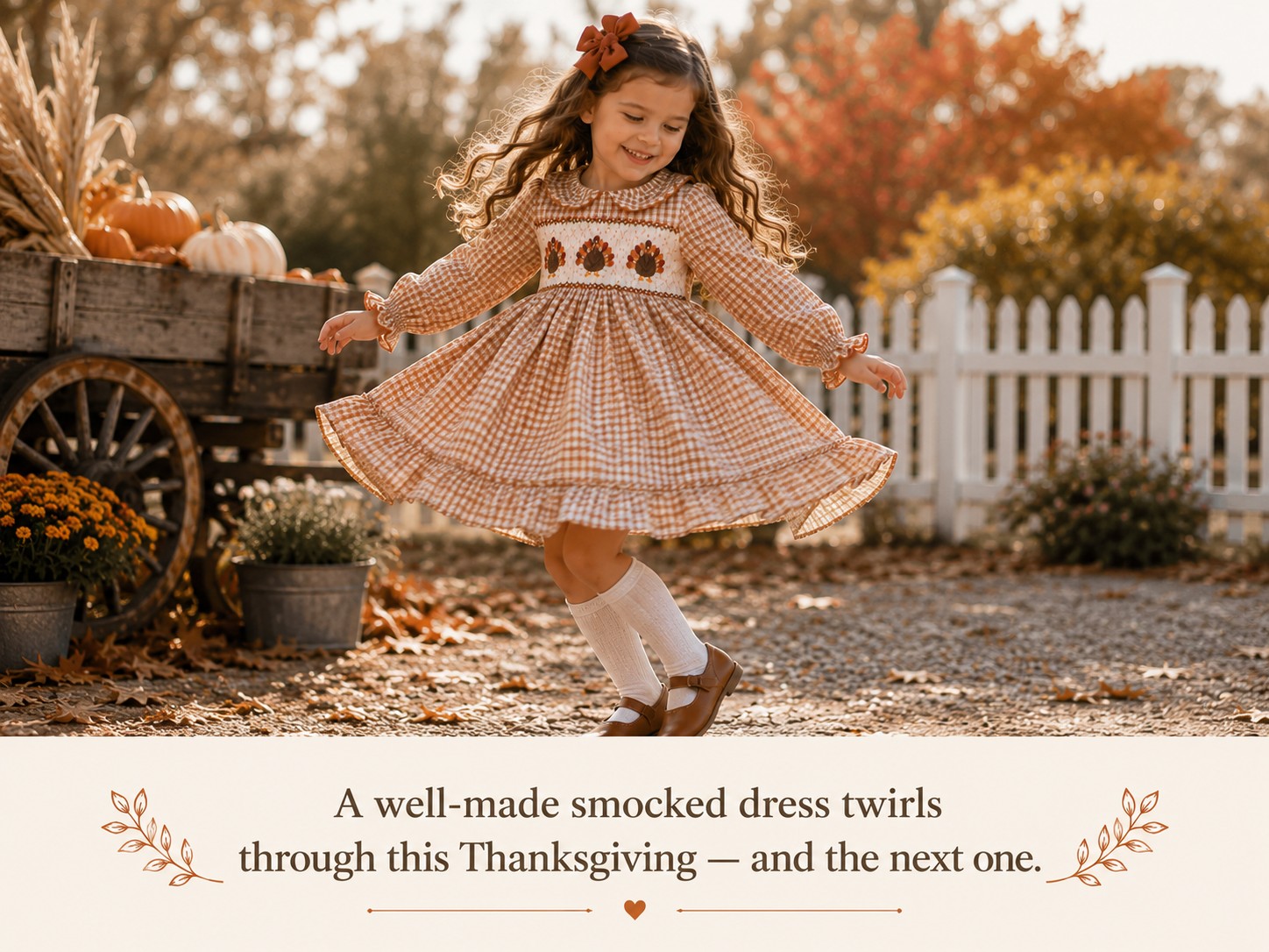 Thanksgiving Smocked Dress: Turkey, Pumpkin & Bishop Style Guide 9 Girl twirling in smocked Thanksgiving dress