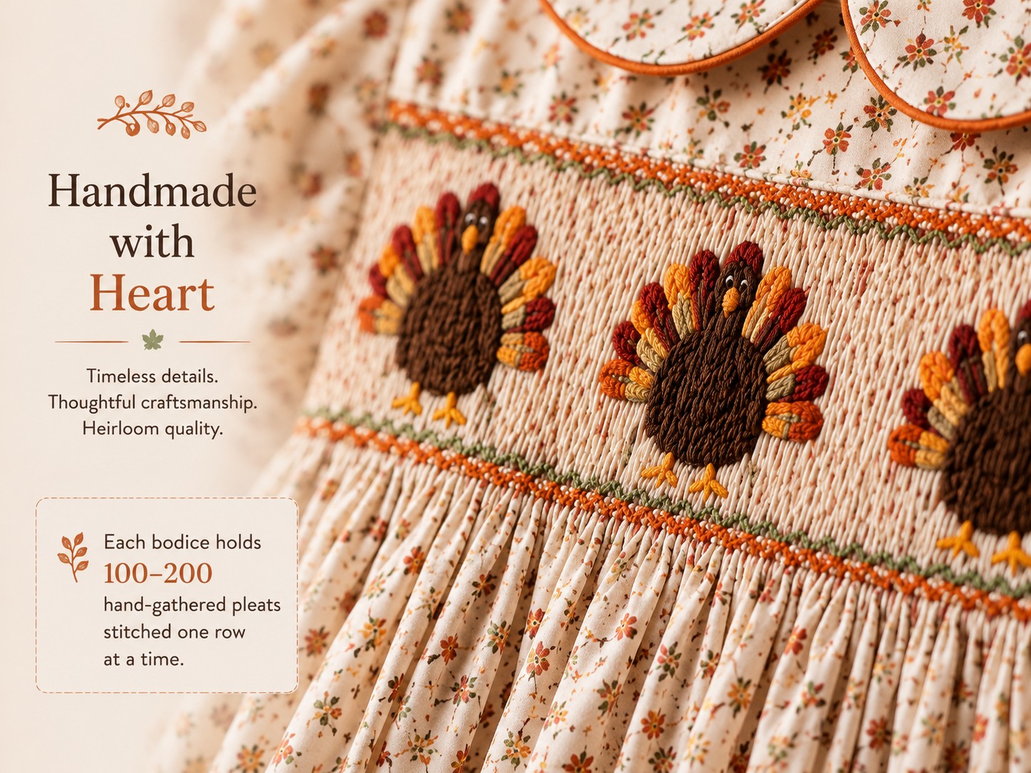 Thanksgiving Smocked Dress: Turkey, Pumpkin & Bishop Style Guide 2 Close-up of hand smocking pleats in fall colors