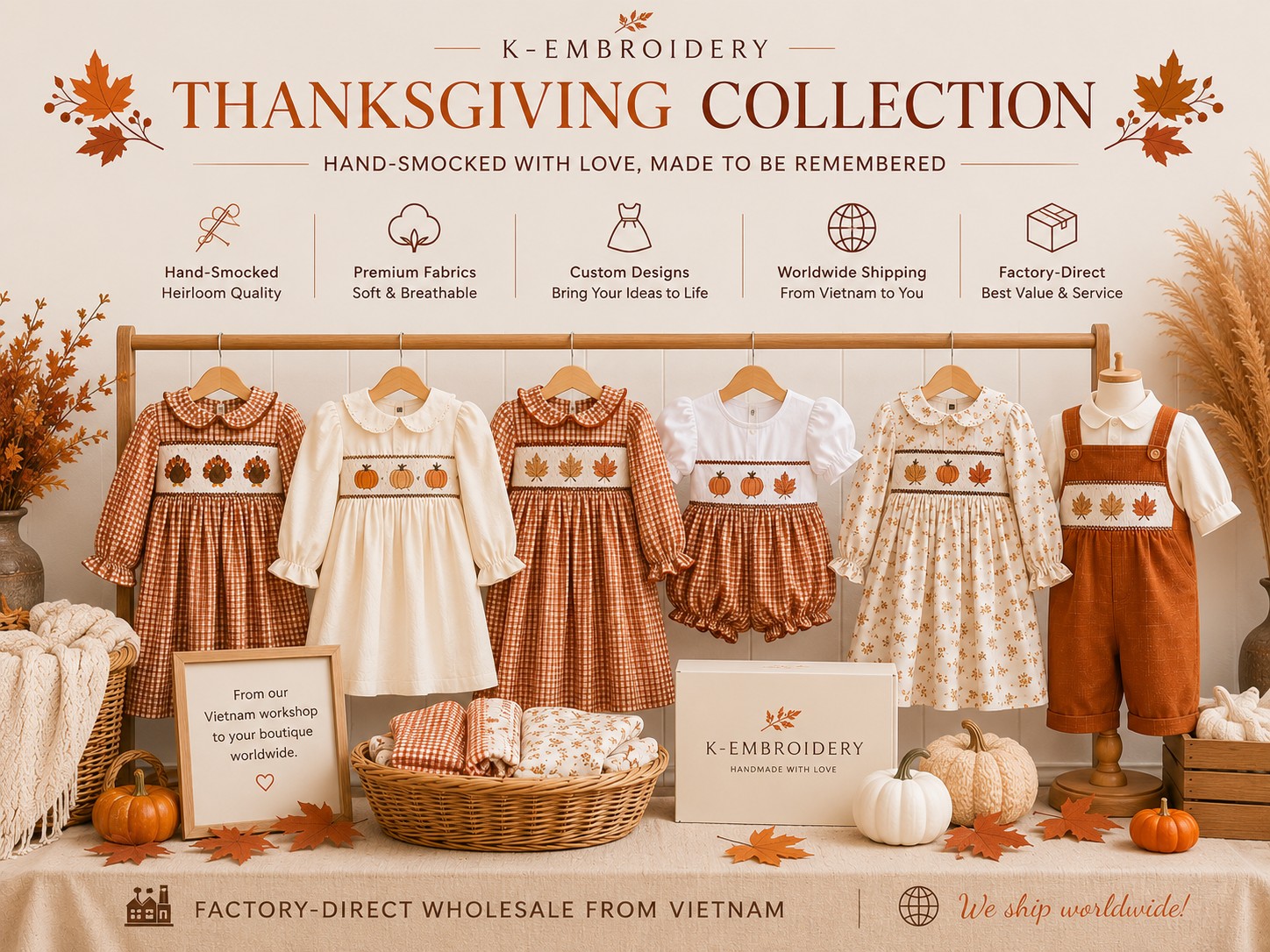 Thanksgiving Smocked Dress: Turkey, Pumpkin & Bishop Style Guide 10 Wholesale Thanksgiving smocked dress collection