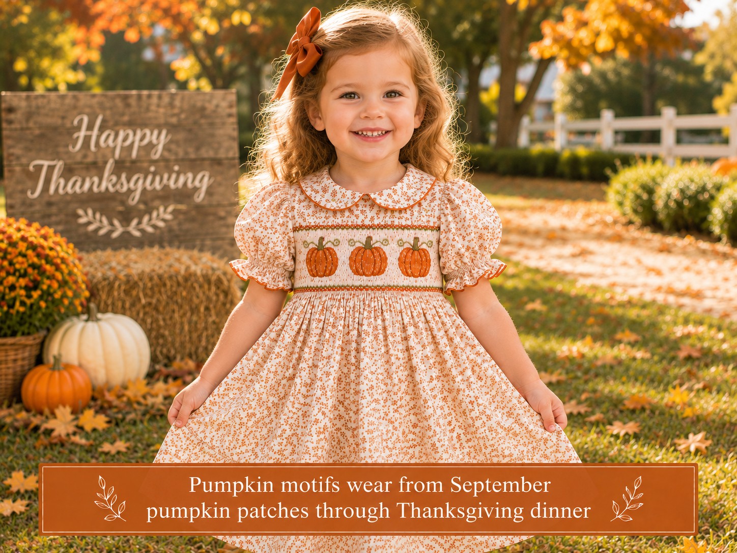 Thanksgiving Smocked Dress: Turkey, Pumpkin & Bishop Style Guide 4 Pumpkin smocked dress for toddler girl