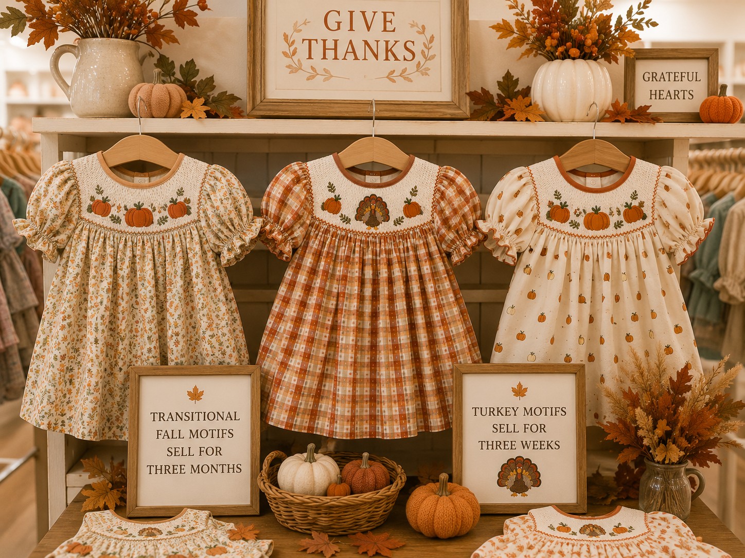 Infant Thanksgiving Dresses: Guide for Baby's First Holiday Season 13 Smocked Thanksgiving dresses on boutique display