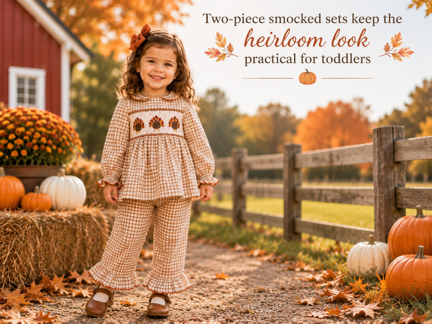 Thanksgiving Smocked Dress: Turkey, Pumpkin & Bishop Style Guide 7 Smocked Thanksgiving 2-piece set for girls