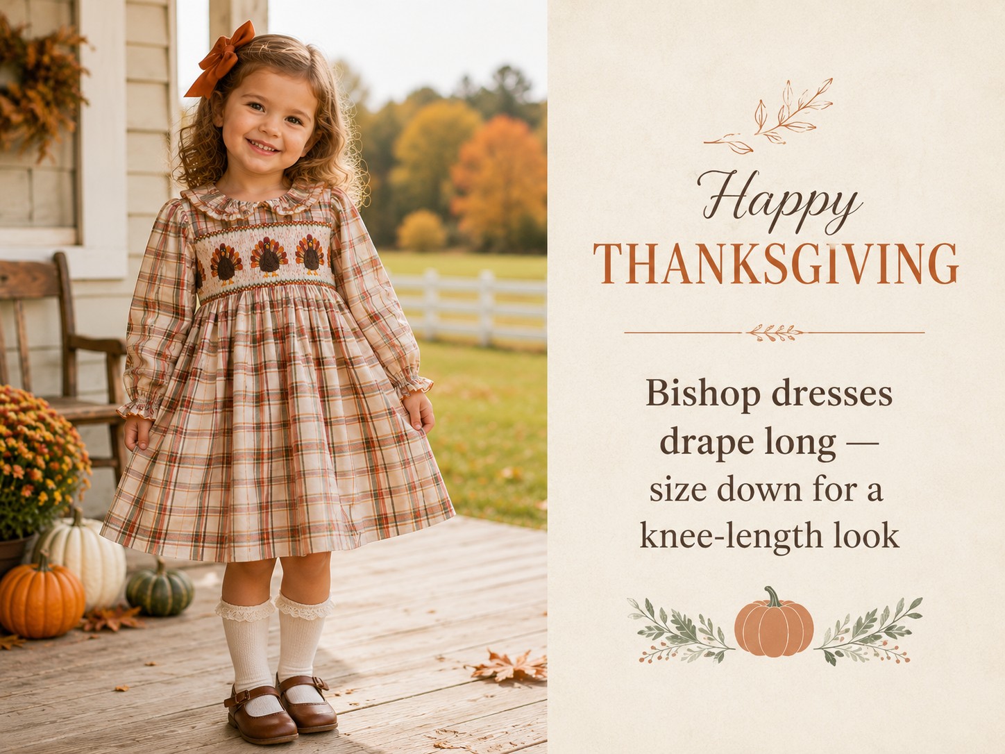 Thanksgiving Smocked Dress: Turkey, Pumpkin & Bishop Style Guide 1 Thanksgiving smocked dress with turkey motifs