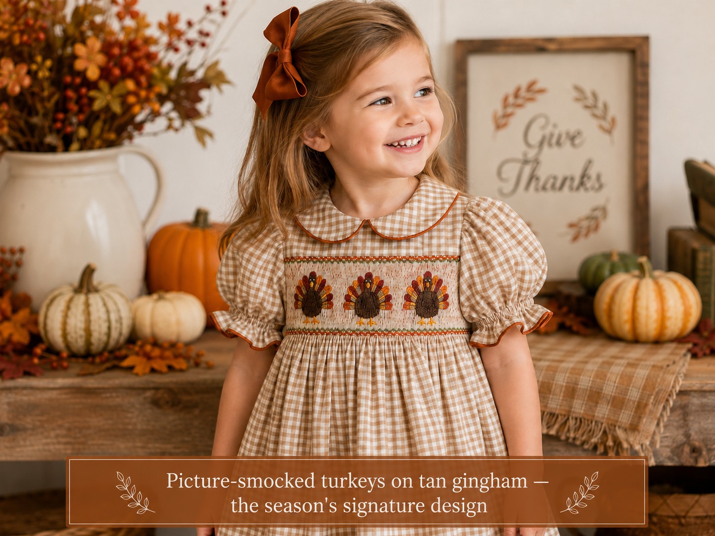 Thanksgiving Smocked Dress: Turkey, Pumpkin & Bishop Style Guide 3 Turkey smocked dress in gingham for girls